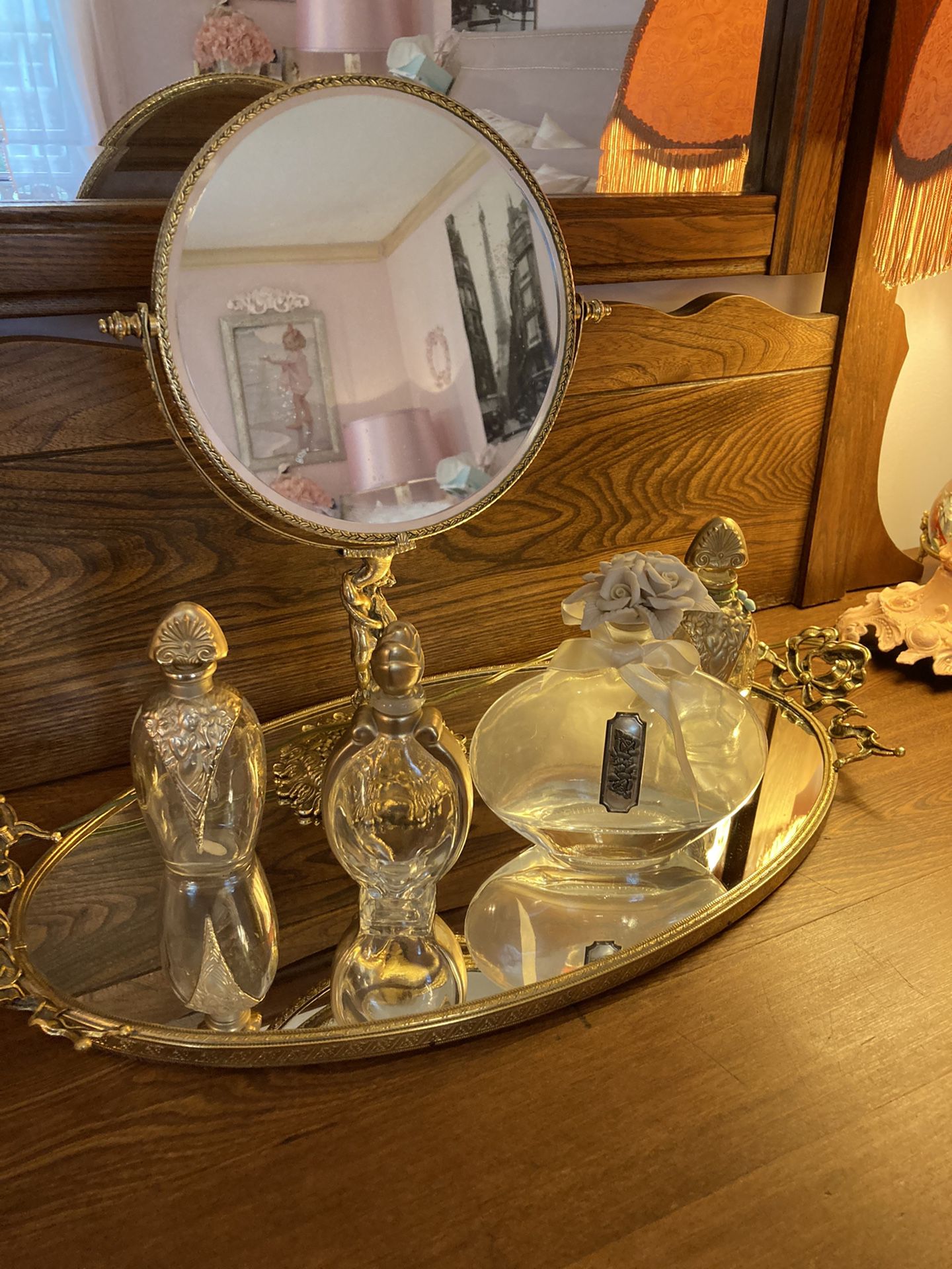 Beautiful Vintage Set-cherub Round Mirror With 4 -antique Parfumerie Bottles