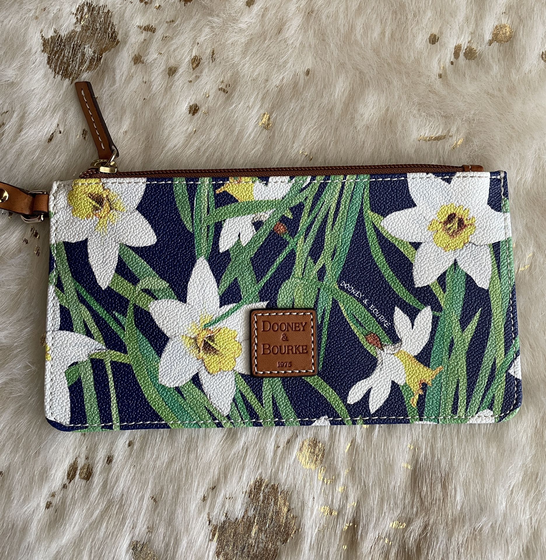 Dooney & Bourke Wristlet Daffodil Floral Blue White Coated Canvas Leather