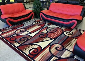 Brand New Red & Black Leather 2pc Modern Style Sofa & Loveseat