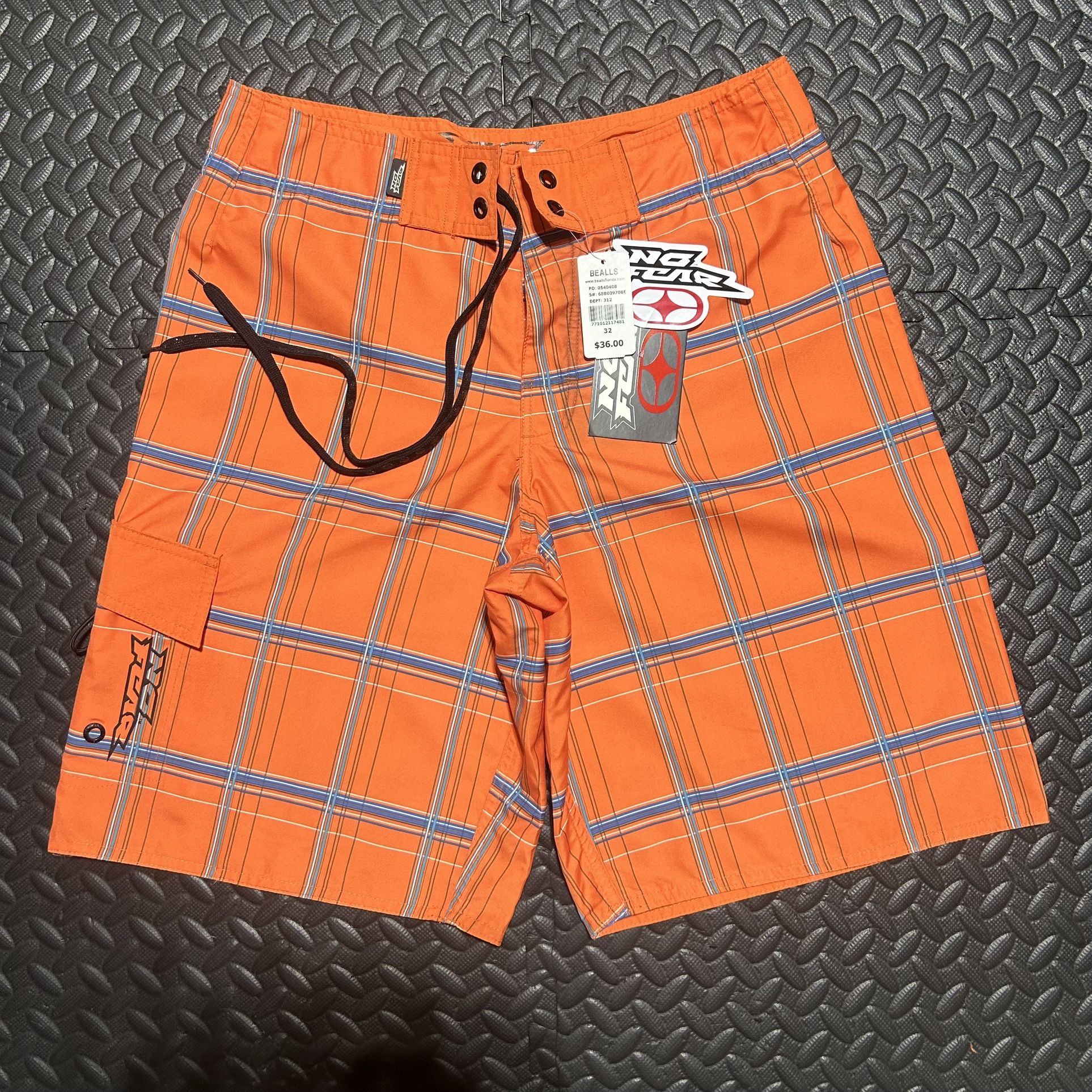 Vintage No Fear Board Shorts Men's 32 Swim Trunks Swimwear Plaid Orange Y2K NEW