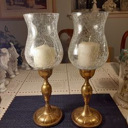 TWO BEAUTIFUL  BRASS AND GLASS  CANDLE HOLDER 14,5 INCHES TALL 