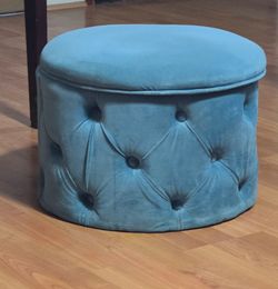 Aqua Blue Velvet Tufted Round Ottoman