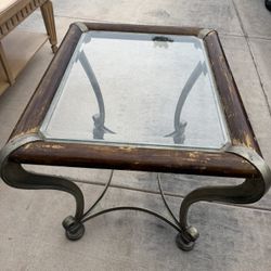 Distressed Wood & Metal Glass Top Coffee Table