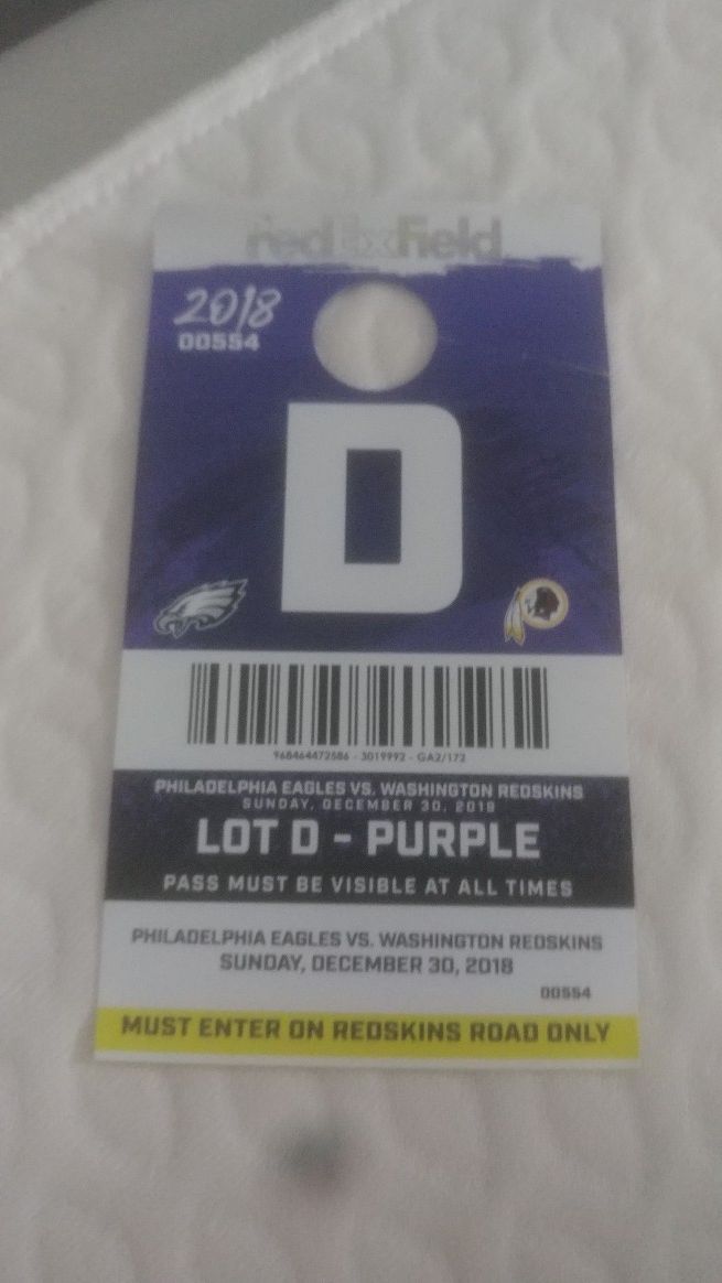 Purple D Parking Pass Redskins vs Eagles