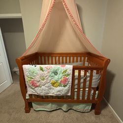 Crib, Mattress, Changing Table, Bedding Set And Canopy
