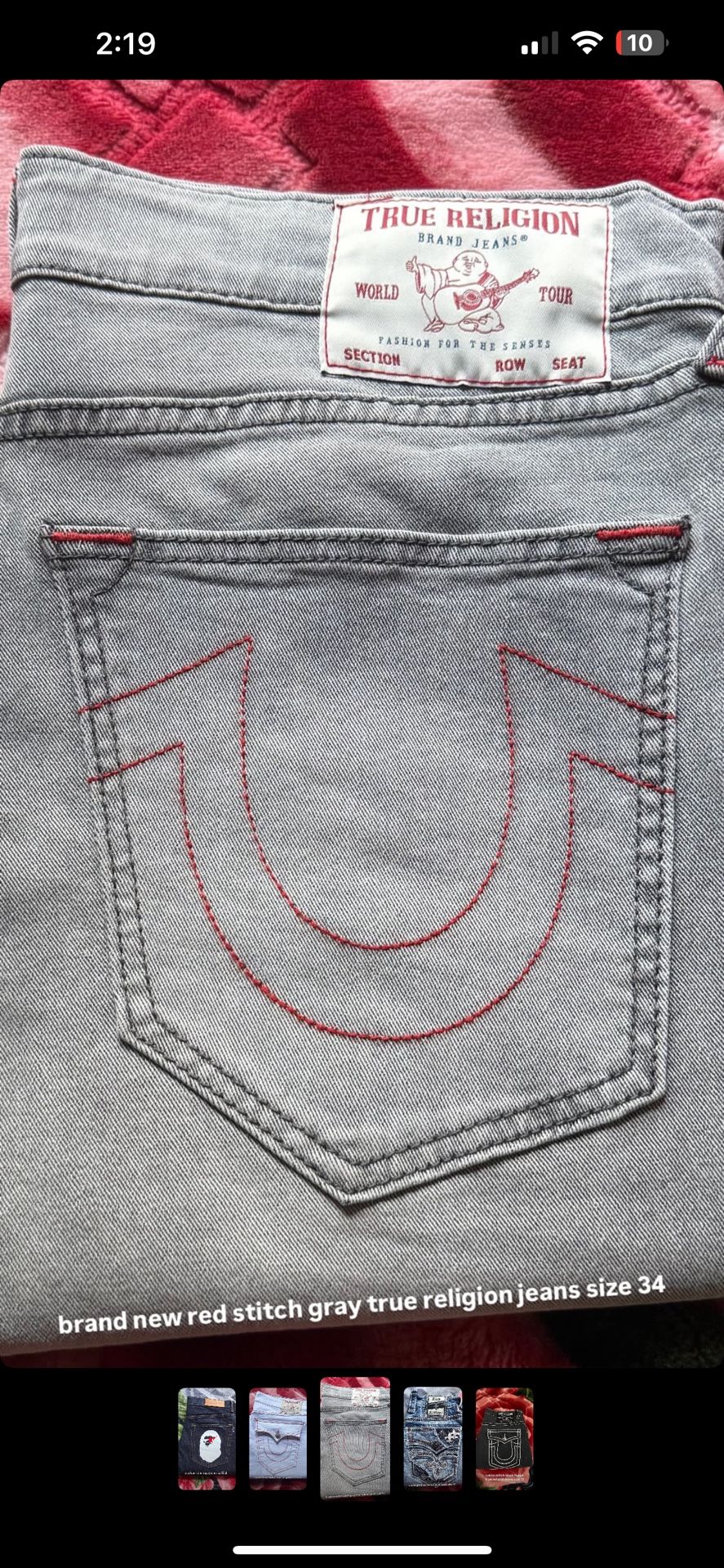 red stitch gray true religion jeans