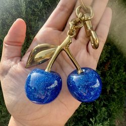 BLUE Glitter Cherry Bag Charm Keychain