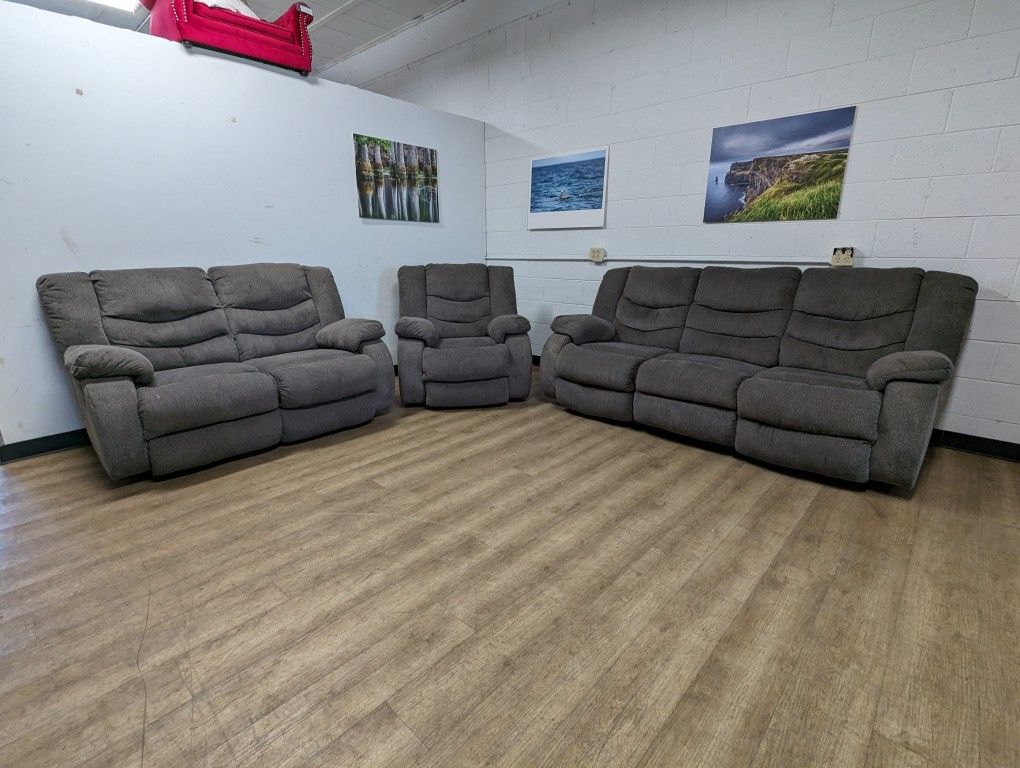 Contemporary Grey Fabric Recliner Couch with Matching Recliner Loveseat and Rocker Recliner Chair
