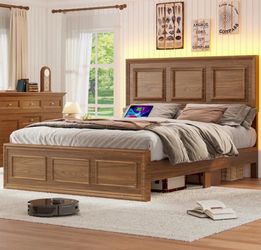 Queen Bed Frame with Headboard Height Adjustable, Farmhouse Platform Bed Frame with Charging Port and LED Lights, Vintage Brown