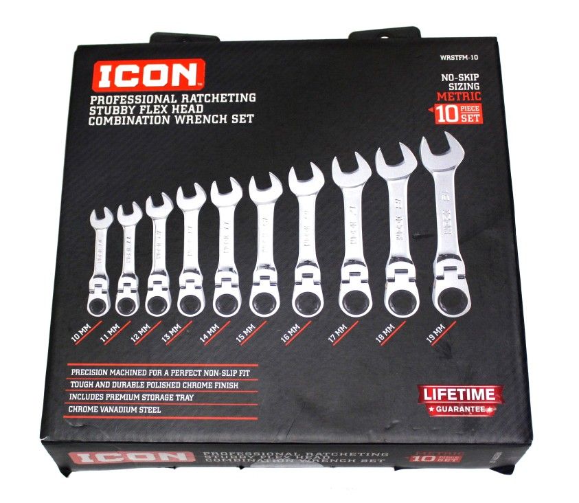Icon 10-Piece Stubby Flex Head Metric Ratcheting Combination Wrench Set