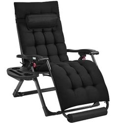 26in Zero Gravity Recliner with Padded Mattress for Autumn and Winter, Outdoor Folding Lounge Chair with Headrest Cupholder/ Footrest