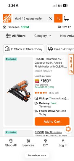Rigid pneumatic 15 gauge 2 -1/2 angle finish nailer