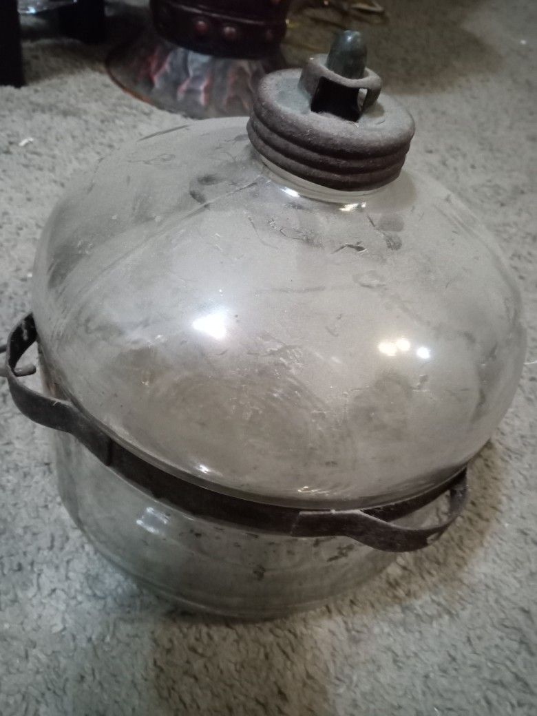 Antique Glass Jar 1920s Stove Oil Kerosene Holder Metal Bail Spring Pressure Fill Bottle Terrarium Collection Jar Dominion Glass Co Canada