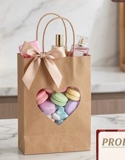 12 Pcs Brown Gifts Bags with Heart Window Kraft Paper Goodie Bag