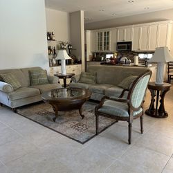 Complete Living Room Set - Couch And Loveseat , Coffee Table With 2 Circle End Tables And Oriental Rug