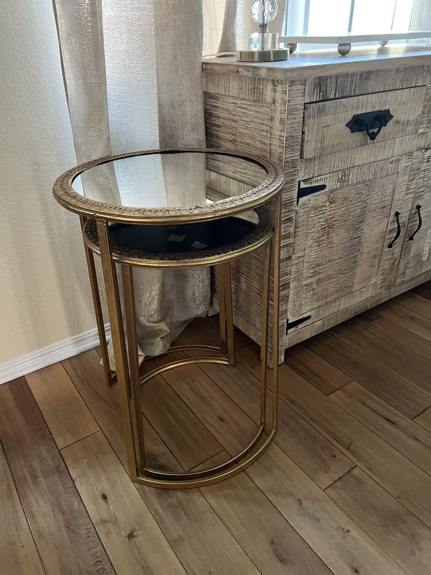 Two Gold Side Tables With Mirror