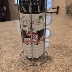 Coffee Mug Set with Metal Rack - 4 Cups