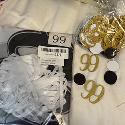 99 th birthday banner (purple/black/white and gold "99" confetti for on tables etc