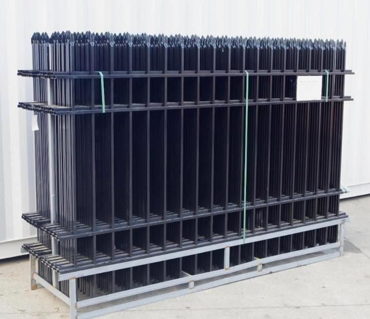 [22] ABOSS 9.5' x 6.25' Unleaded Powder Coated Wrought Iron Site Fence Panels w/ (23) Posts & Hardware, 4-Rail Style, Unused