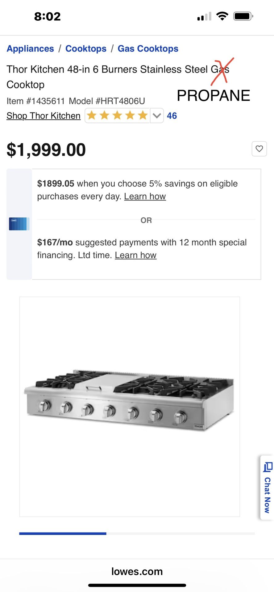 Thor Kitchen 48-in 6 Burners Stainless Steel PROPANE Cooktop