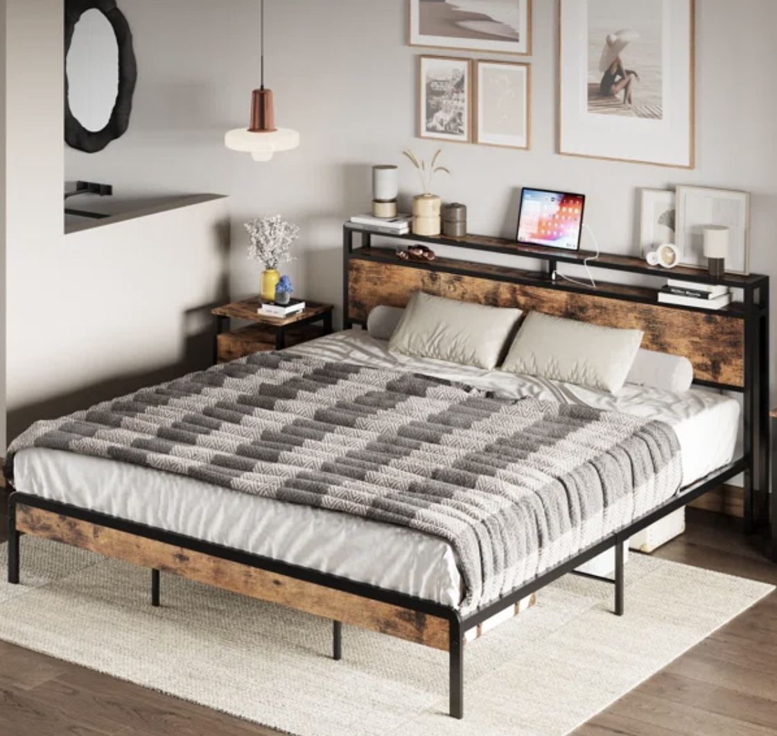 Queen Platform Bed With Headboard Shelf And USB Ports