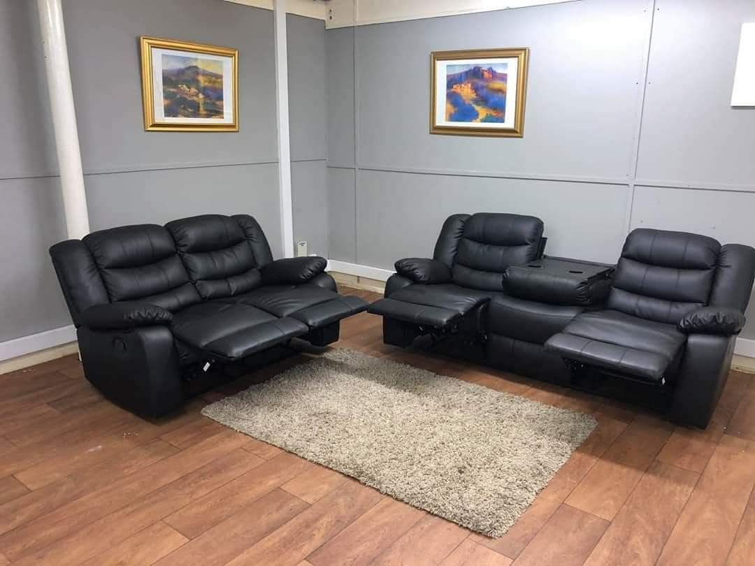 Brand New Black Leather Recliner Sofa + Loveseat with Cup Holders | Pay After Delivery