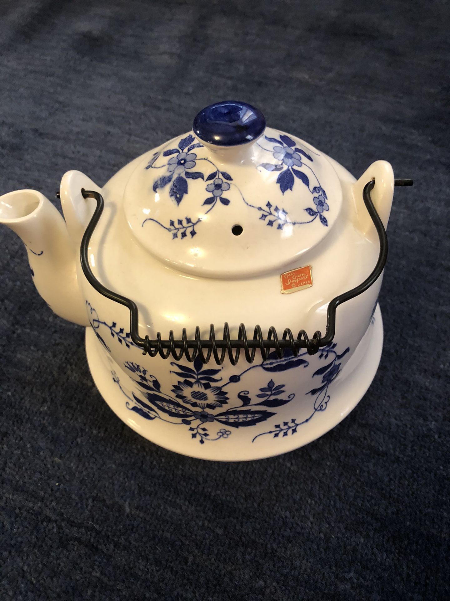 Vintage blue and white enamelware teapot