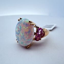 10K Gold & Lab-Grown Opal/ Lab-Grown Pink Sapphire Ring