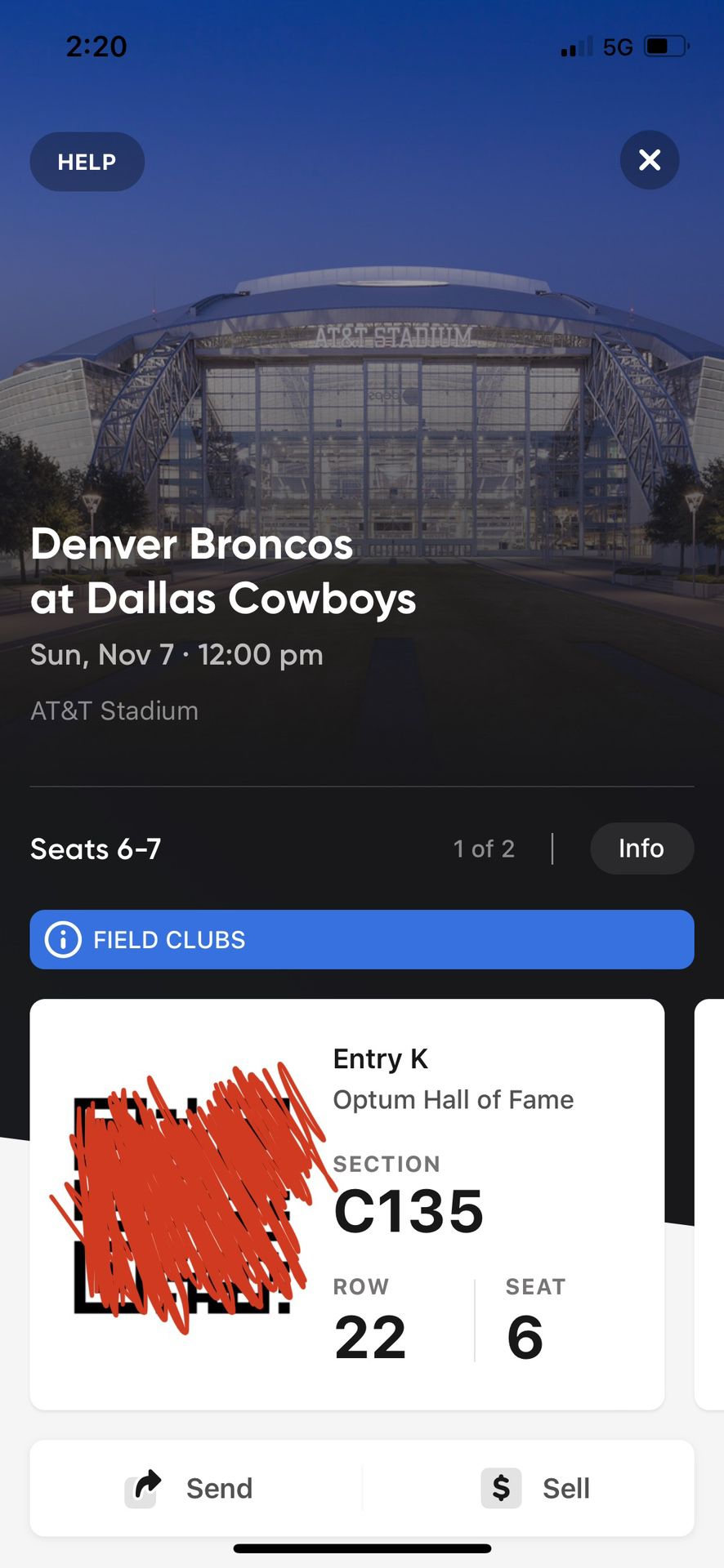 Dallas Cowboys vs. Denver Broncos, 2 Seats, Lower Level Section C135 (Hall of Fame Section), Sunday,  November 7th, 2021