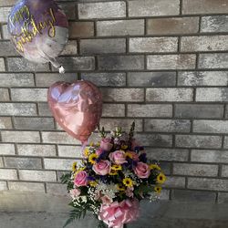Fresh Flower Bouquet in Pink Roses with Mix Flowers and Happy Birthday Balloon and Heart Balloon Available Today and can Deliver Now