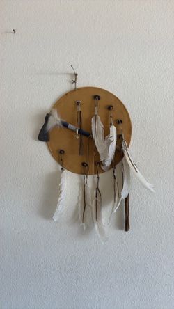 Navajo Native American Darrel Begay Leather Tomahawk Shield Wall Hanging