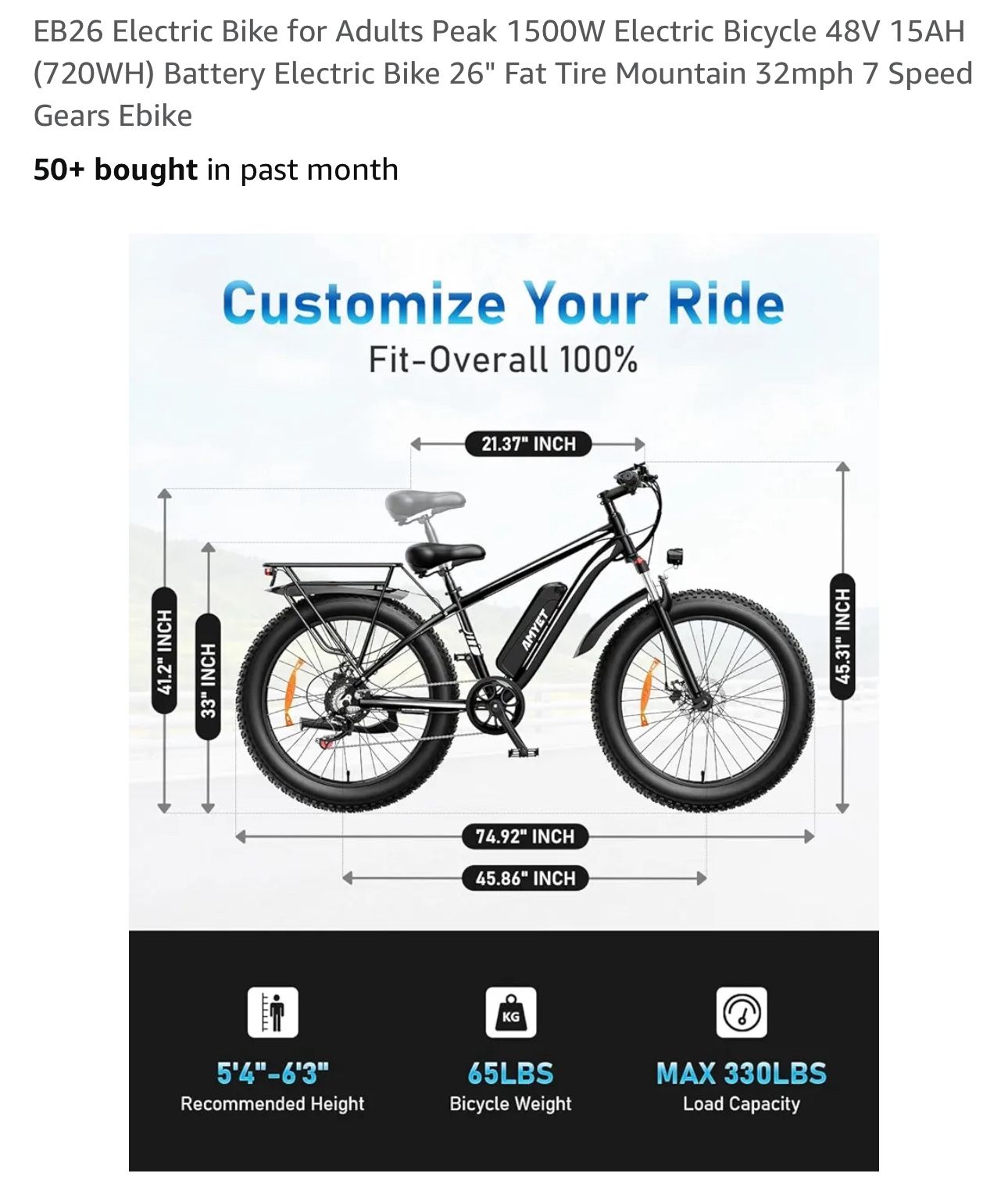(brand New)EB26 Electric Bike 1500W Electric Bicycle 48V 15AH (720WH) Battery Electric Bike 26" Fat Tire Mountain 32mph 7 Speed Gears Ebike