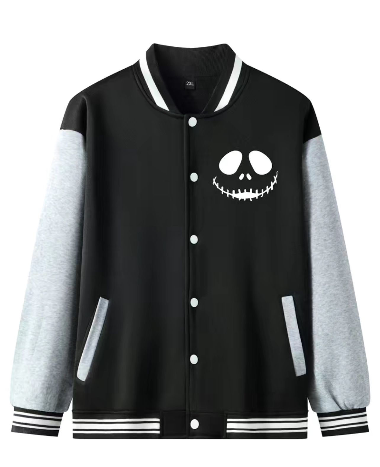 Skeleton Jack Plus Size Varsity Jacket with Funnel Neck and Pocket