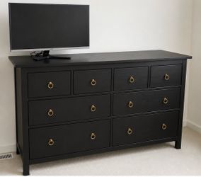 Solid wood IKEA Hemnes 8-drawer dresser in black/brown with updated brass hardware