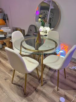 Round Tempered Glass Dining Table with Velvet Seating