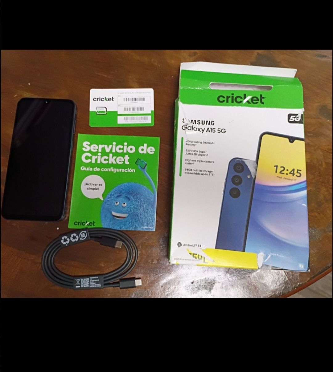 Samsung Galaxy A15 5G Cricket phone, SIM card & charging cable