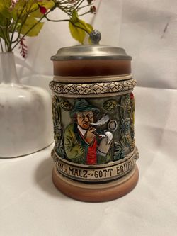 Vintage 1950s Ceramic Thewalt German Beer Stein with Pewter Lid - 'Hopfen u. Malz, Gott Erhalt's''