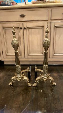 Brass Fireplace Andirons Pair Ornate Flame Finial