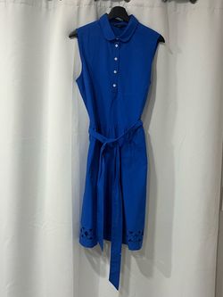Brooks Brothers Blue Cotton Sleeveless Shirtdress Cutout Hem Belted Size 12