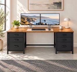 63" Work-from-Home Desk w/ File Cabinet – Large Desktop, Rustic Brown – New In Box