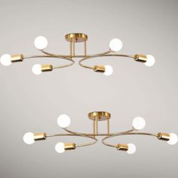 Set Of Two 6-Light Sputnik Chandelier, Gold Mid-Century Modern Semi Flush Mount Ceiling Light, Metal Fixture with E26 Sockets