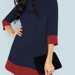 SHEIN Contrast Trim Tunic Dress Colorblock 3/4 Cuffed Sleeves