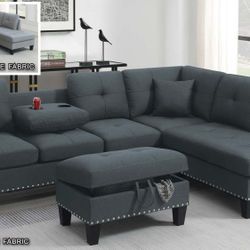 Grey Fabric Sectional With 2 Cup Holders And Storage Ottoman Year End Special 