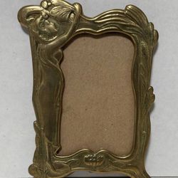Vintage Solid Brass Art Nouveau Photo Frame Mucha Esque Woman And Floral Embellishments Accent Decor