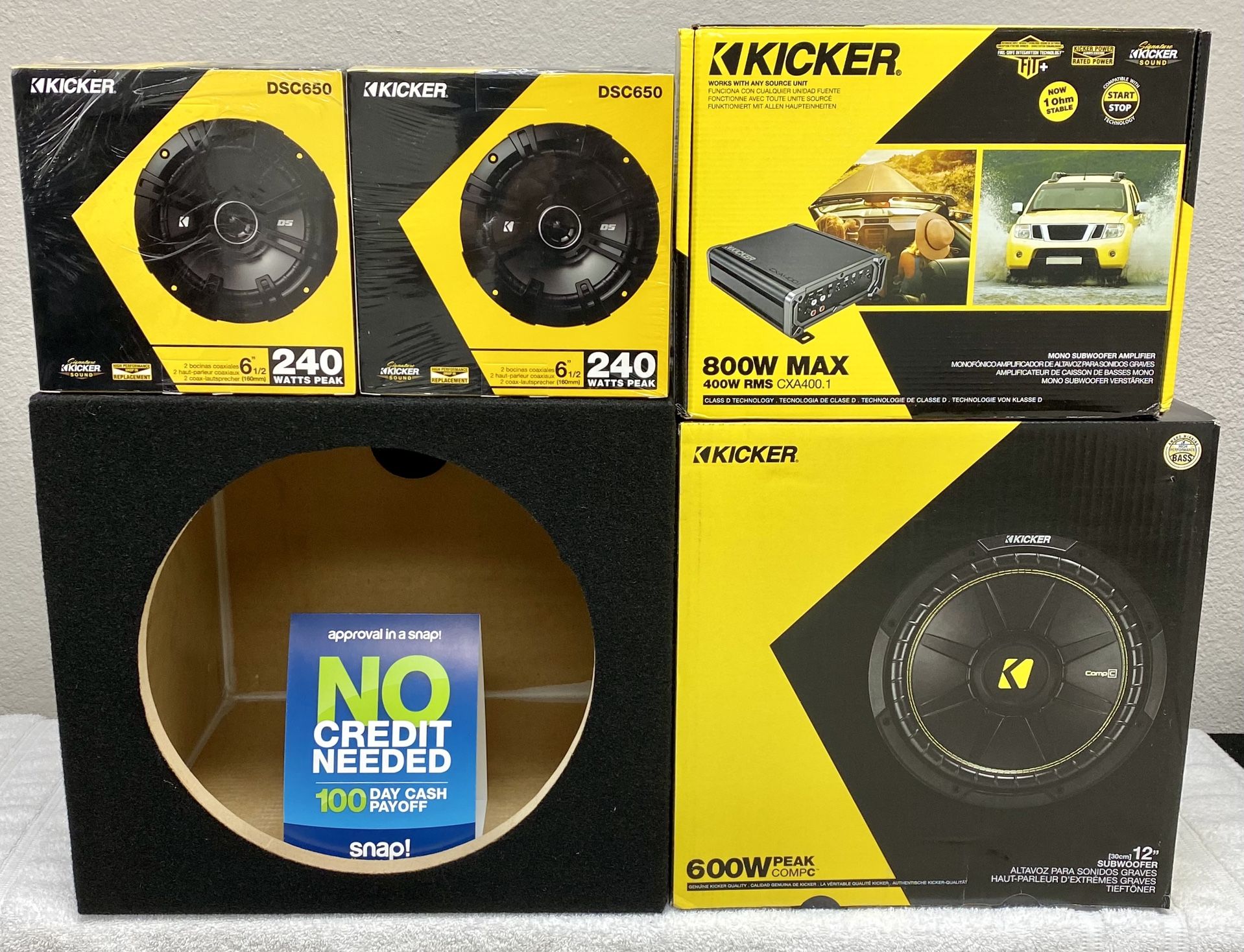New (1) 12” inch Kicker Comp C 600 Watts Subwoofer + Kicker 800 Watts Monoblock Amp + (4) 6.5” Speakers {No Credit Easy Financing}🔊🔥