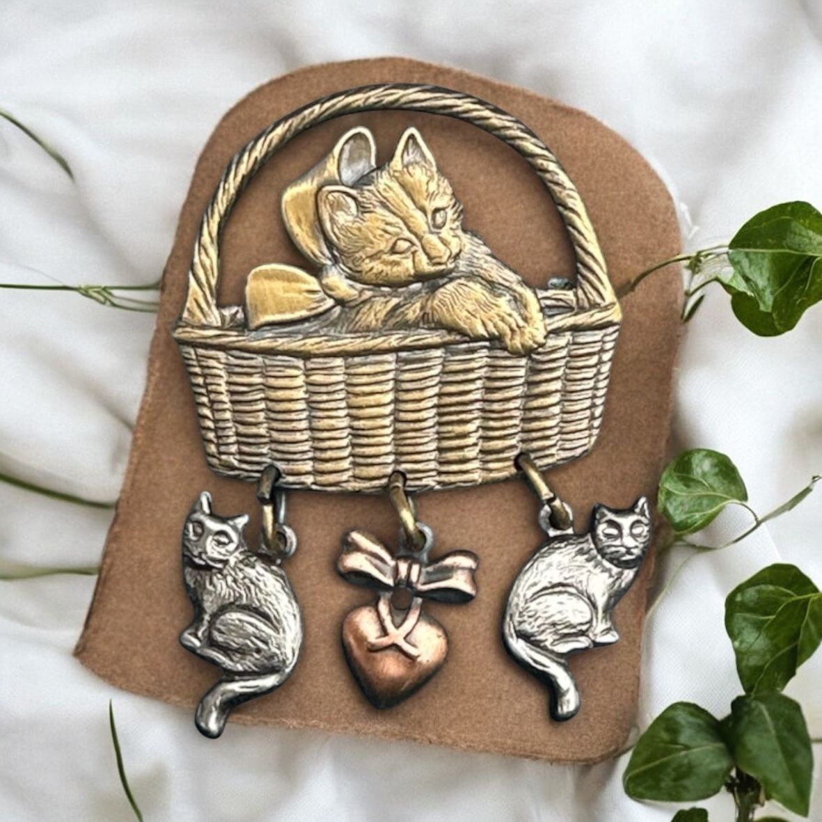 Vintage Tr Color Cats Brooch Badket Pewter Copper Brass Finish Dangle Pin 2"