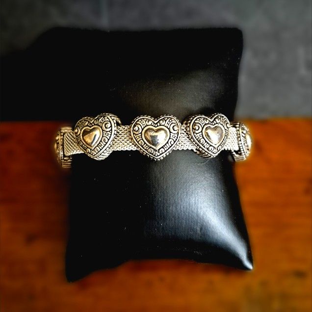 Vintage Silver Heart Charm Bracelet Woven Band Elegant Gift Jewelry 7"