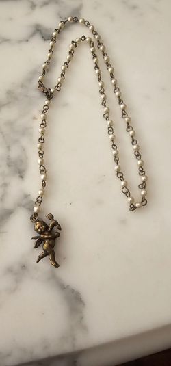 Vintage Antiqued Brass Cupid Cherub Pearl Bead Necklace - Adjustable.