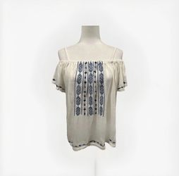 Kori America Blouse Small White & Blue Embroidery Cotton Off Shoulder NWT