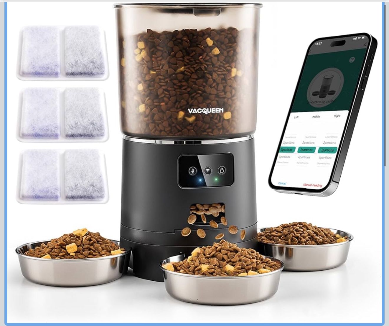 Automatic Cat Feeder for 3 Cats, 6L/25 Cup Cat Food Dispenser with Strong Anti-Jam System, Dual-Effect Desiccant, Smart WiFi App Control Pet Feeder, A